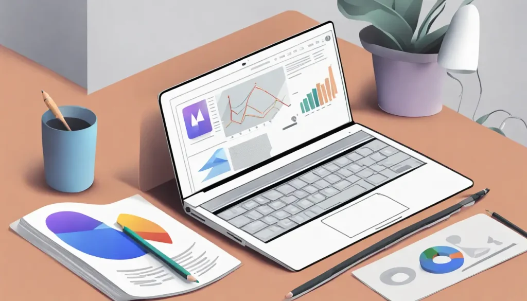 Guia Completo de Google Ads: Como Iniciar suas Campanhas 3 Laptop moderno exibindo Google Ads, cercado por anotações e gráficos de marketing digital, representando um guia completo para iniciar campanhas.